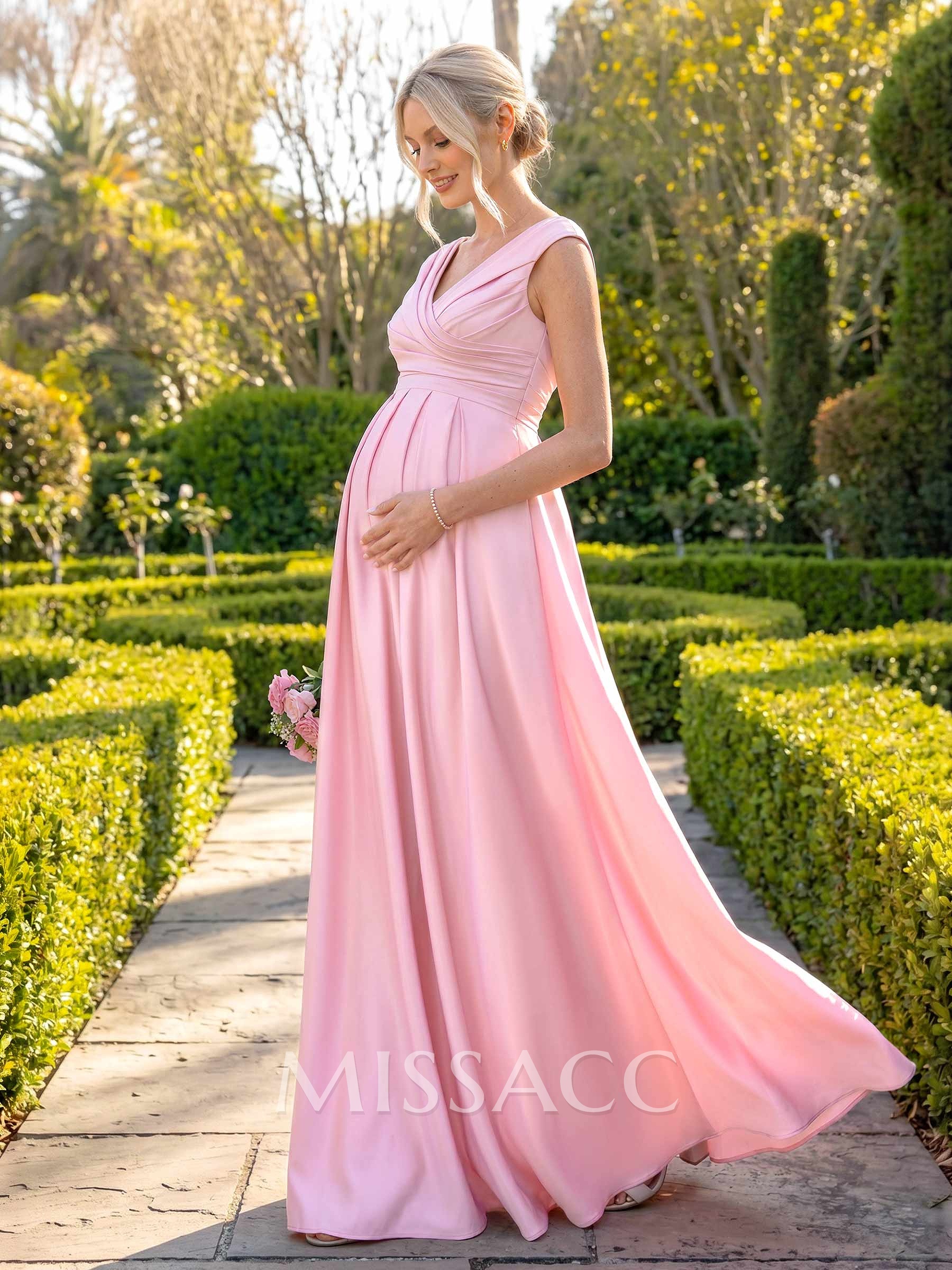 Elegant A-Line V-Neck Sleeveless Floor-Length Satin Maternity Bridesmaid Dresses