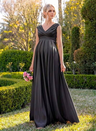 Elegant A-Line V-Neck Sleeveless Maxi Satin Maternity Bridesmaid Dresses
