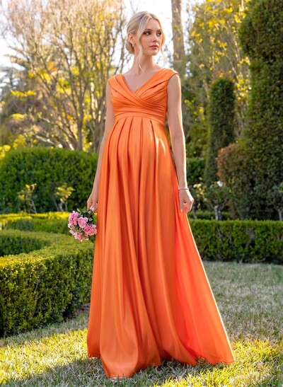 Elegant A-Line V-Neck Sleeveless Floor-Length Satin Maternity Bridesmaid Dresses