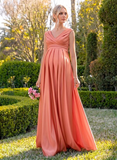 Elegant A-Line V-Neck Sleeveless Floor-Length Satin Maternity Bridesmaid Dresses