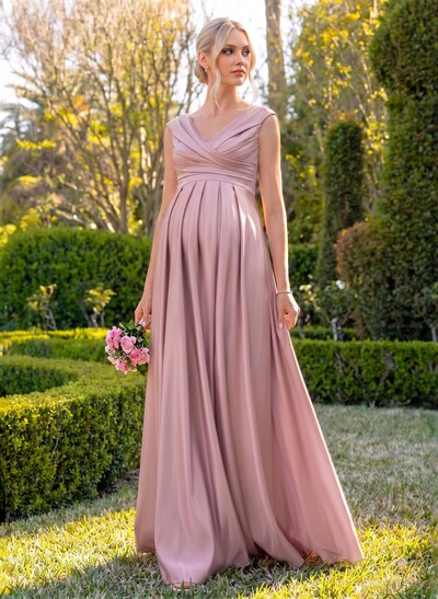 Elegant A-Line V-Neck Sleeveless Floor-Length Satin Maternity Bridesmaid Dresses