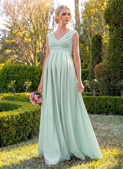 Elegant A-Line V-Neck Sleeveless Floor-Length Satin Maternity Bridesmaid Dresses