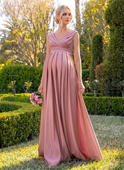 Elegant A-Line V-Neck Sleeveless Floor-Length Satin Maternity Bridesmaid Dresses