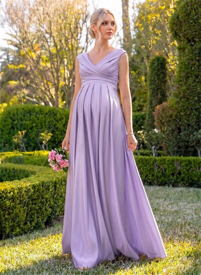 Elegant A-Line V-Neck Sleeveless Floor-Length Satin Maternity Bridesmaid Dresses