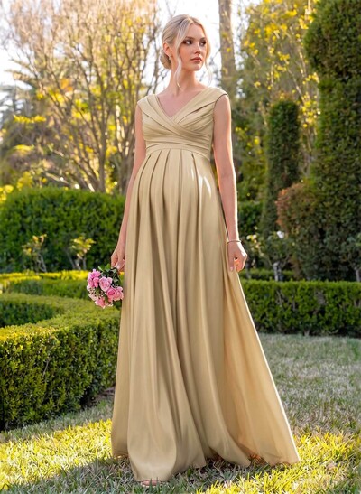 Elegant A-Line V-Neck Sleeveless Maxi Satin Maternity Bridesmaid Dresses