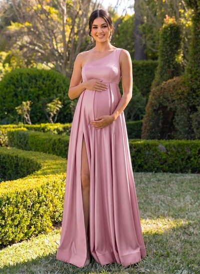 A-Line One-Shoulder Sleeveless Floor-Length Satin Bridesmaid Dresses With High Split