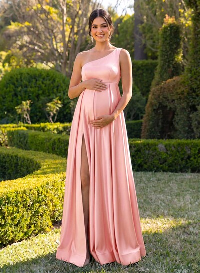 A-Line One-Shoulder Sleeveless Floor-Length Satin Bridesmaid Dresses With High Split