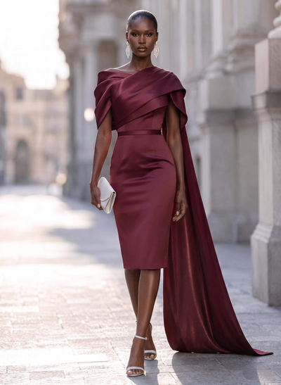Sheath/Column Off-The-Shoulder Sleeveless Knee-Length Satin Cocktail Dresses With Sweeping Side Drape