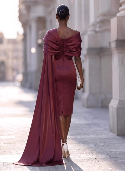Sheath/Column Off-The-Shoulder Sleeveless Knee-Length Satin Cocktail Dresses With Sweeping Side Drape