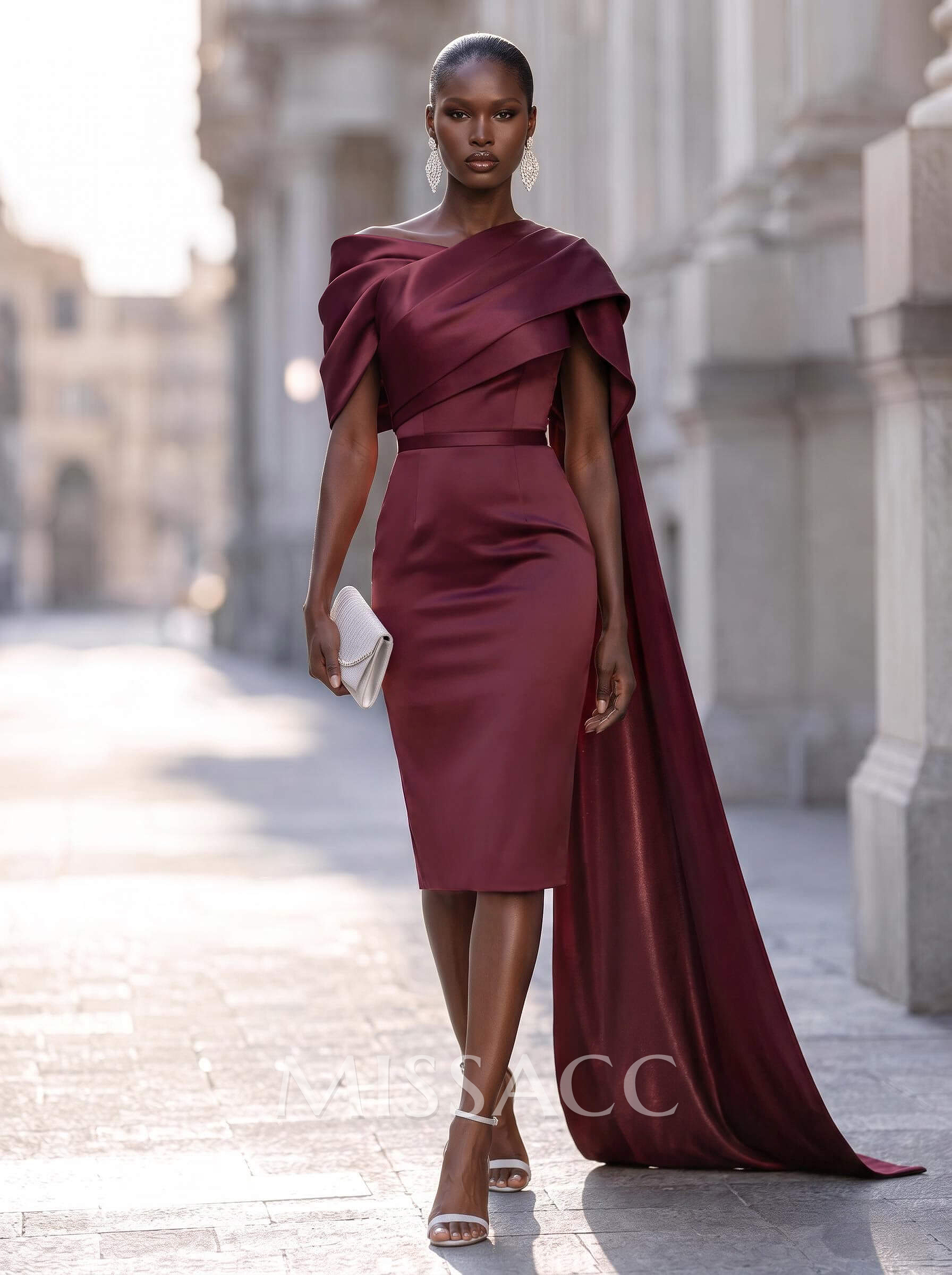 Sheath/Column Off-The-Shoulder Sleeveless Knee-Length Satin Cocktail Dresses With Sweeping Side Drape