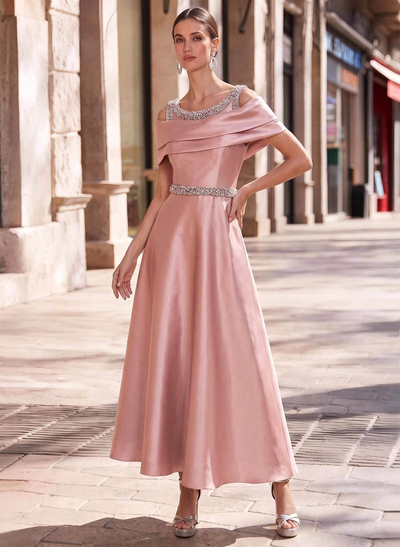 A-Line Scoop Neck/Off-The-Shoulder Sleeveless Ankle-Length Taffeta Cocktail Dresses With Sequins