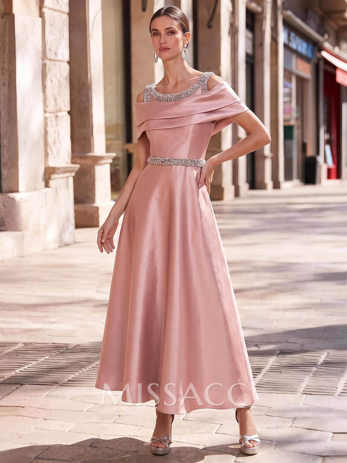 A-Line Scoop Neck/Off-The-Shoulder Sleeveless Ankle-Length Taffeta Cocktail Dresses With Sequins