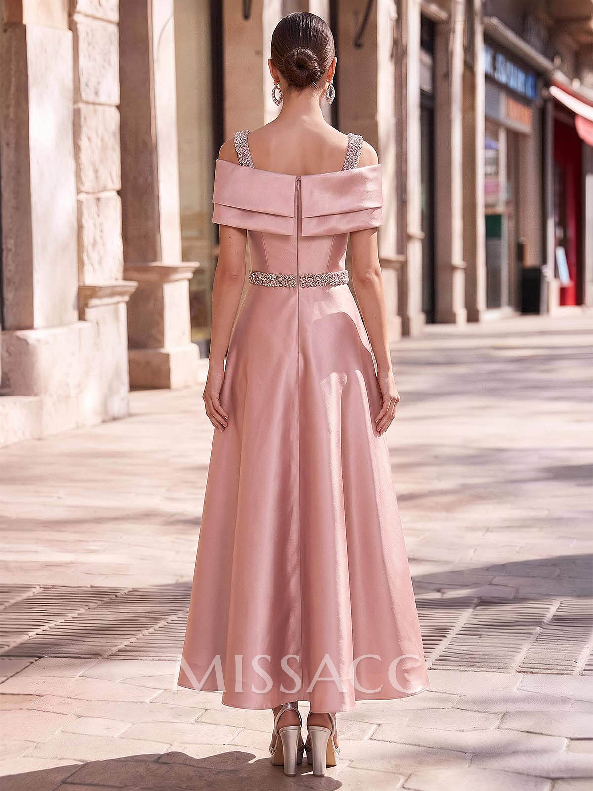 A-Line Scoop Neck/Off-The-Shoulder Sleeveless Ankle-Length Taffeta Cocktail Dresses With Sequins