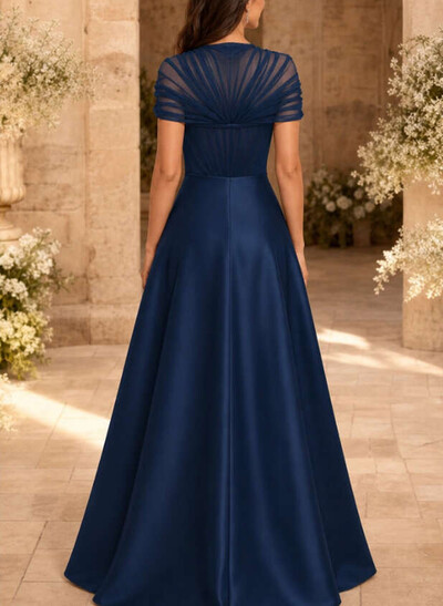 A-Line V-Neck Short Sleeves Floor-Length Satin/Tulle Evening Dresses