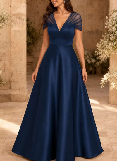 A-Line V-Neck Short Sleeves Floor-Length Satin/Tulle Evening Dresses