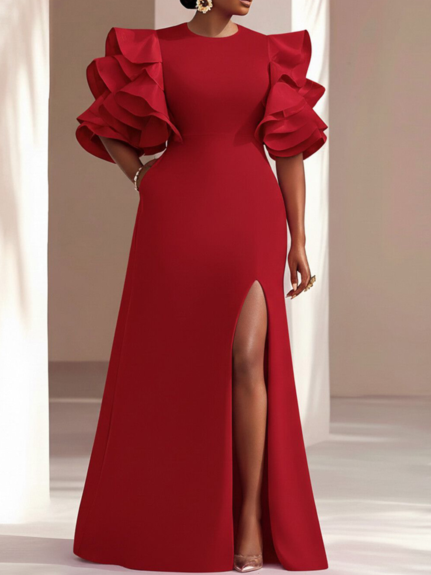A-Line Scoop Neck 1/2 Sleeves Floor-Length Elastic Satin Evening Dresses With Split Front/Shoulder Ruffle