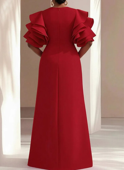 A-Line Scoop Neck 1/2 Sleeves Floor-Length Elastic Satin Evening Dresses With Split Front/Shoulder Ruffle