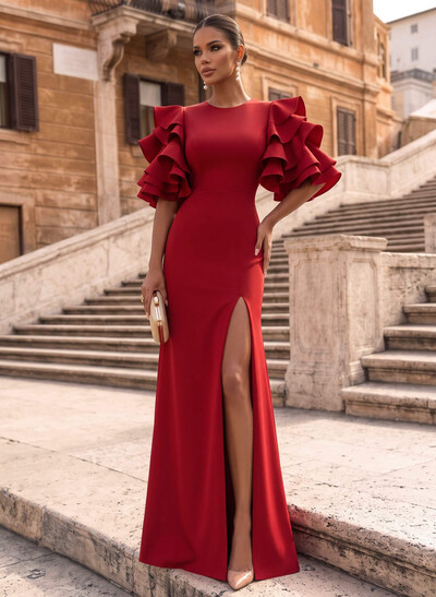 A-Line Scoop Neck 1/2 Sleeves Floor-Length Elastic Satin Evening Dresses With Split Front/Shoulder Ruffle