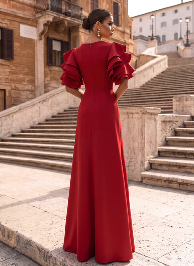 A-Line Scoop Neck 1/2 Sleeves Floor-Length Elastic Satin Evening Dresses With Split Front/Shoulder Ruffle
