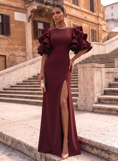A-Line Scoop Neck 1/2 Sleeves Floor-Length Elastic Satin Evening Dresses With Split Front/Shoulder Ruffle