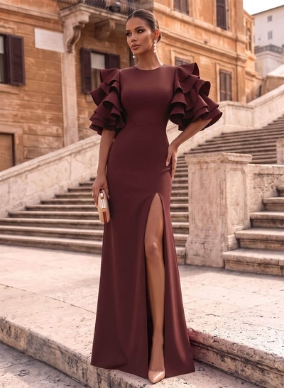 A-Line Scoop Neck 1/2 Sleeves Floor-Length Elastic Satin Evening Dresses With Split Front/Shoulder Ruffle