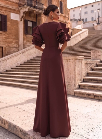 A-Line Scoop Neck 1/2 Sleeves Floor-Length Elastic Satin Evening Dresses With Split Front/Shoulder Ruffle