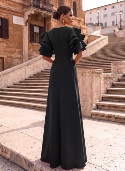 A-Line Scoop Neck 1/2 Sleeves Floor-Length Elastic Satin Evening Dresses With Split Front/Shoulder Ruffle