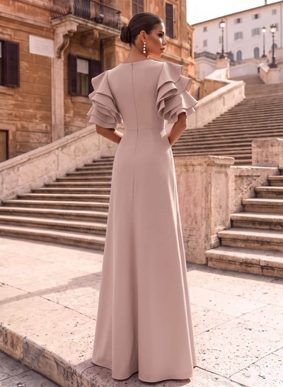 A-Line Scoop Neck 1/2 Sleeves Floor-Length Elastic Satin Evening Dresses With Split Front/Shoulder Ruffle