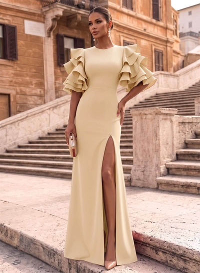 A-Line Scoop Neck 1/2 Sleeves Floor-Length Elastic Satin Evening Dresses With Split Front/Shoulder Ruffle