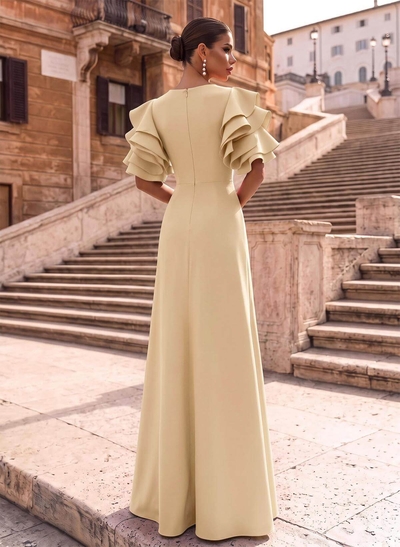 A-Line Scoop Neck 1/2 Sleeves Floor-Length Elastic Satin Evening Dresses With Split Front/Shoulder Ruffle