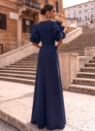 A-Line Scoop Neck 1/2 Sleeves Floor-Length Elastic Satin Evening Dresses With Split Front/Shoulder Ruffle