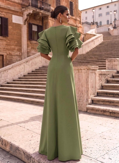 A-Line Scoop Neck 1/2 Sleeves Floor-Length Elastic Satin Evening Dresses With Split Front/Shoulder Ruffle