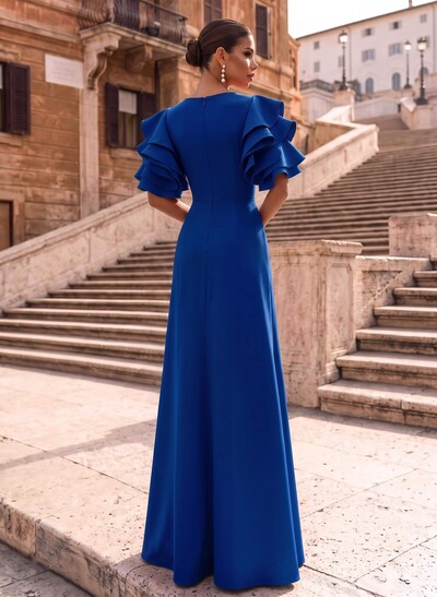 A-Line Scoop Neck 1/2 Sleeves Floor-Length Elastic Satin Evening Dresses With Split Front/Shoulder Ruffle