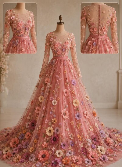 Ball-Gown Scoop Neck Long Sleeves Court Train Lace Evening Dresses With Flower(s)