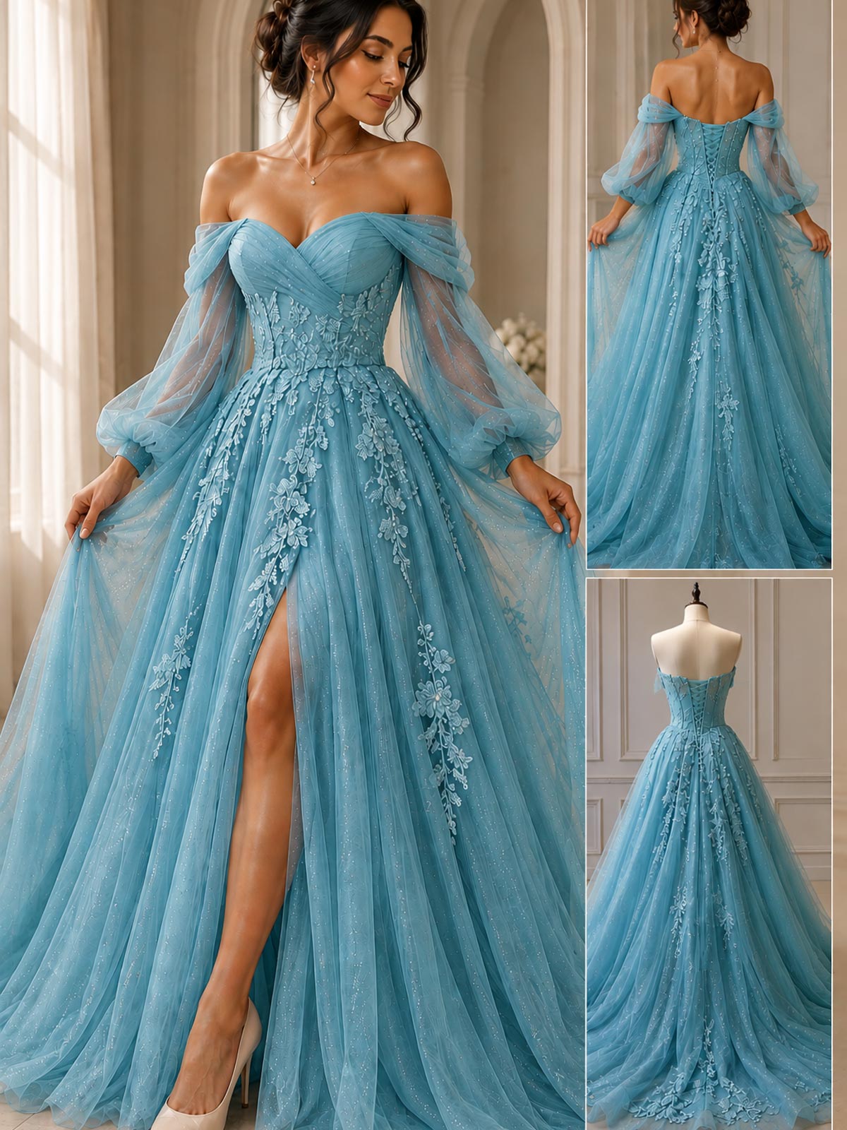A-Line Sweetheart Long Sleeves Floor-Length Tulle Evening Dresses With Appliques Lace
