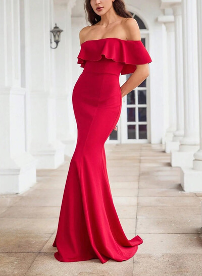 Trumpet/Mermaid Off-The-Shoulder Sleeveless Sweep Train Elastic Satin Evening Dresses With Shoulder Ruffle