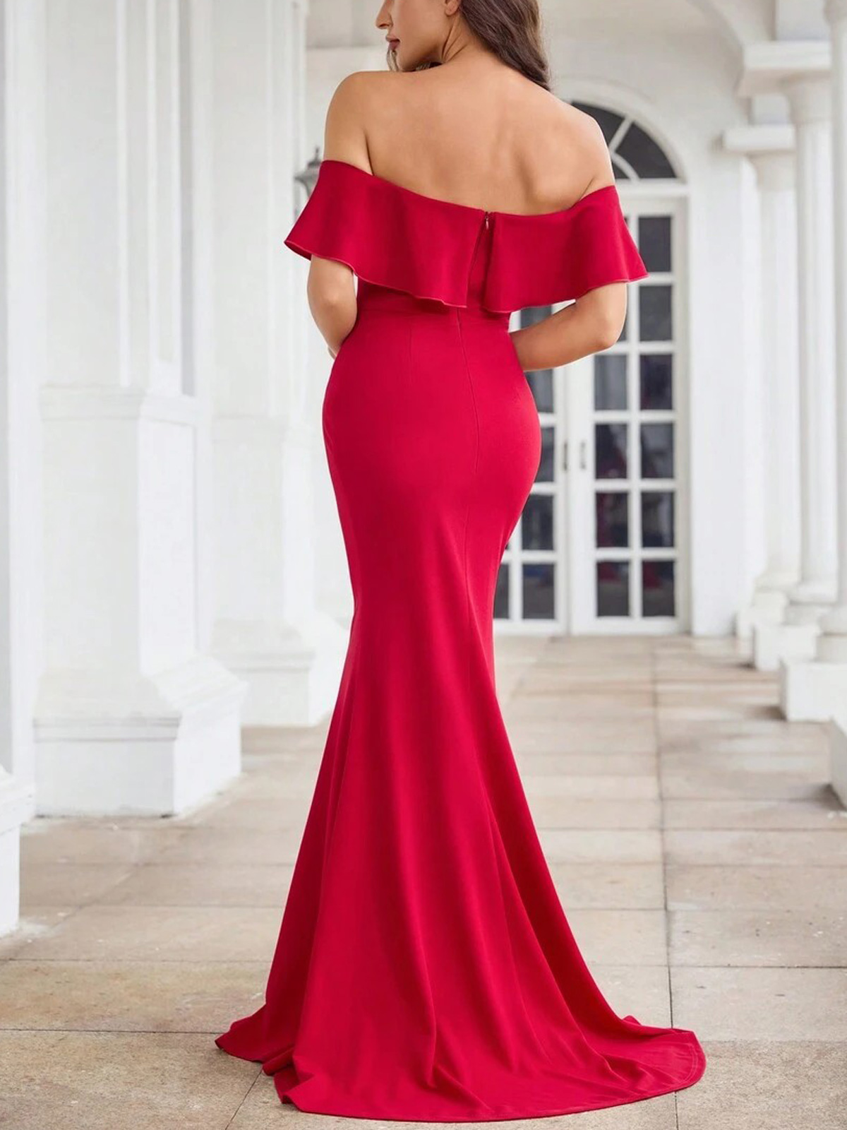 Trumpet/Mermaid Off-The-Shoulder Sleeveless Sweep Train Elastic Satin Evening Dresses With Shoulder Ruffle