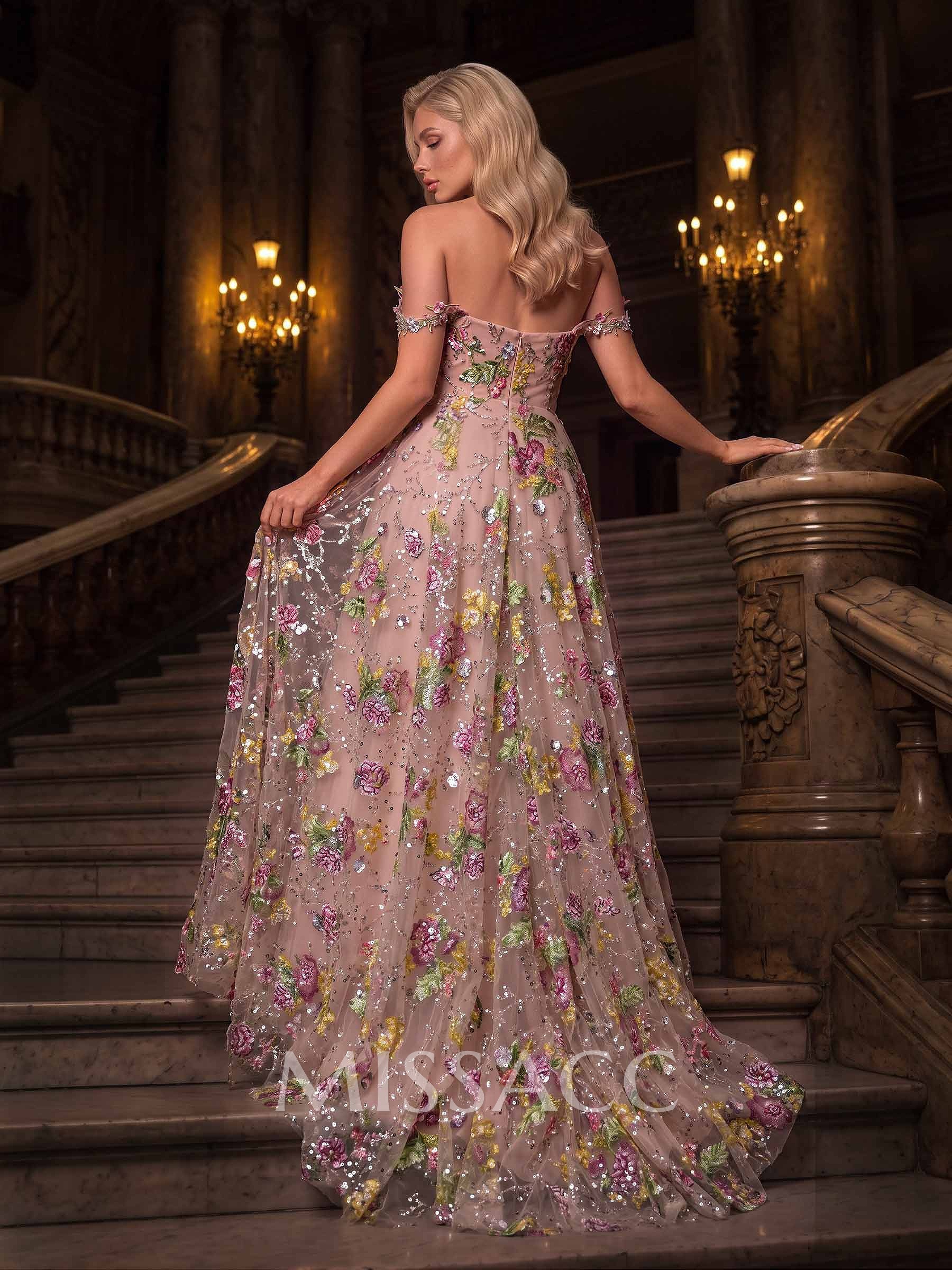 A-Line Off-The-Shoulder Sleeveless Sweep Train Lace/Tulle/Sequined Evening Dresses With Split Front/High Split