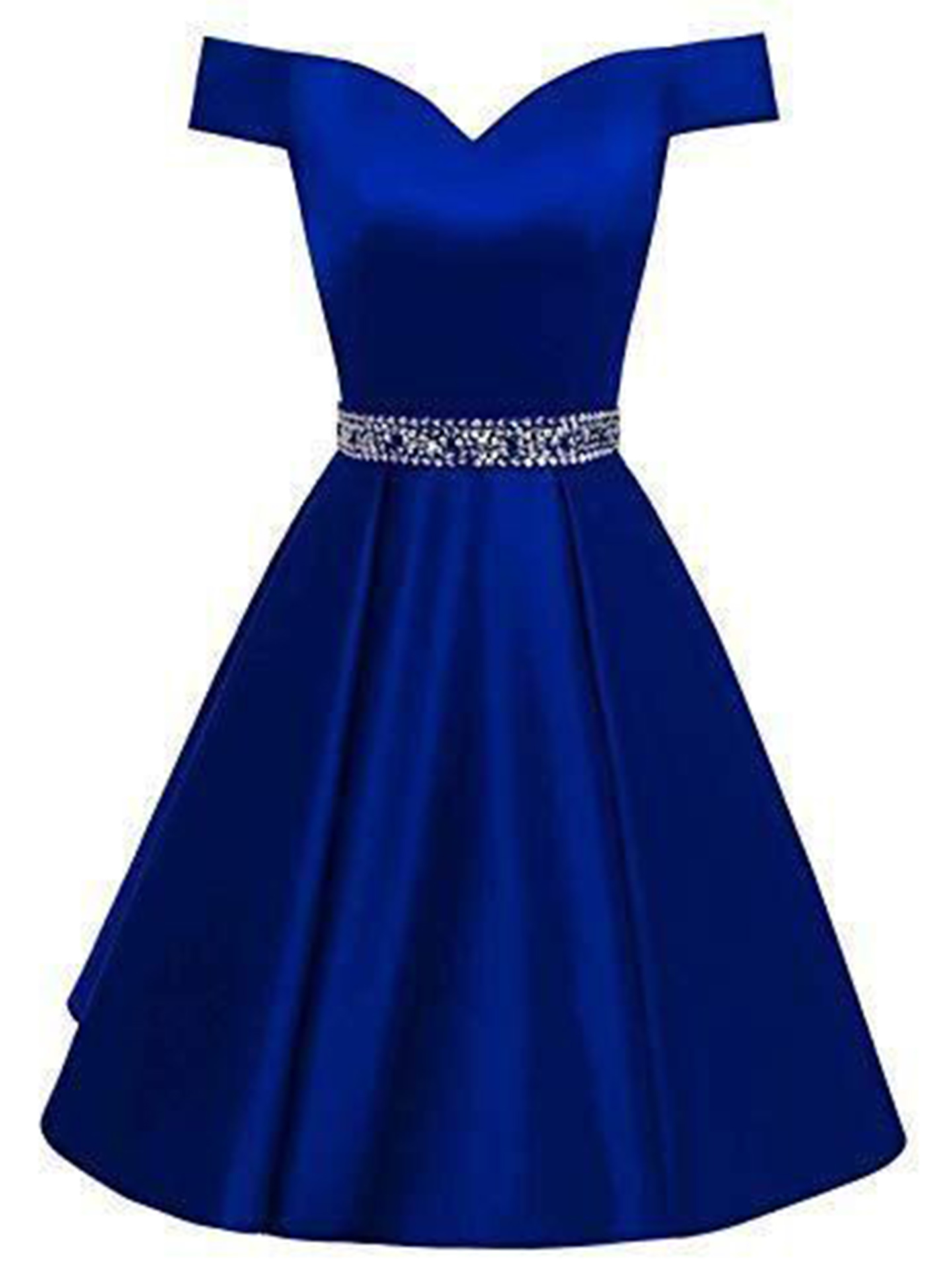 A-Line Off-The-Shoulder Sleeveless Knee-Length Satin Evening Dresses With Rhinestone