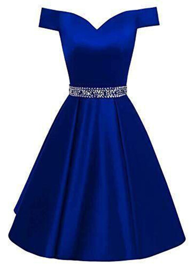 A-Line Off-The-Shoulder Sleeveless Knee-Length Satin Evening Dresses With Rhinestone