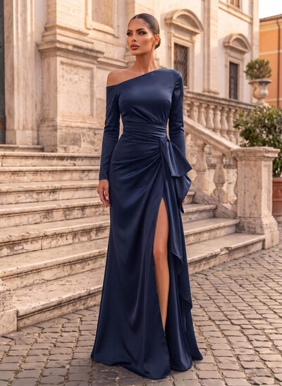 Trumpet/Mermaid Asymmetrical Long Sleeve Acetate Satin Evening Gown With Bow & High Slit