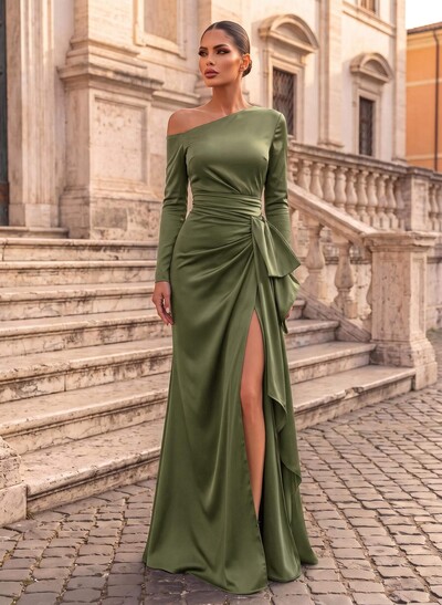 Trumpet/Mermaid Asymmetrical Long Sleeve Acetate Satin Evening Gown With Bow & High Slit