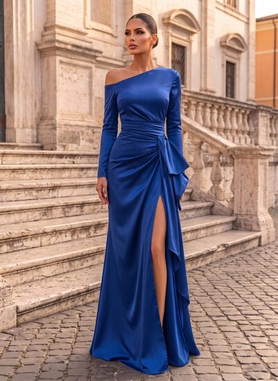 Trumpet/Mermaid Asymmetrical Long Sleeve Acetate Satin Evening Gown With Bow & High Slit