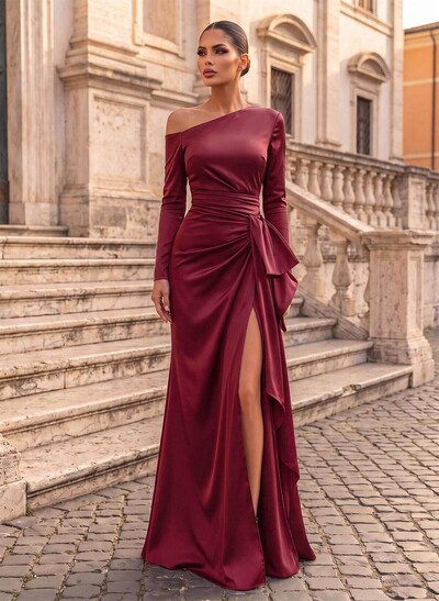 Trumpet/Mermaid Asymmetrical Long Sleeve Acetate Satin Evening Gown With Bow & High Slit