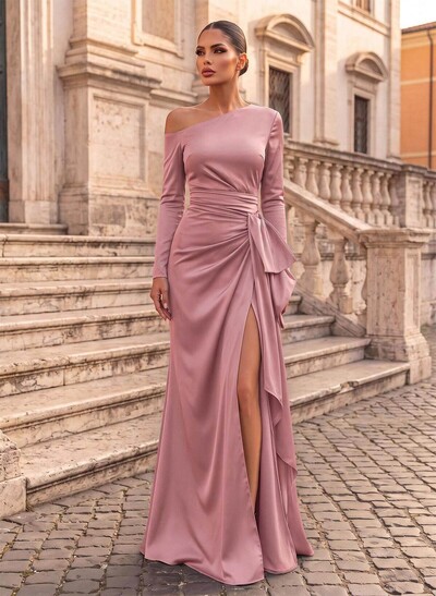 Trumpet/Mermaid Asymmetrical Long Sleeve Acetate Satin Evening Gown With Bow & High Slit