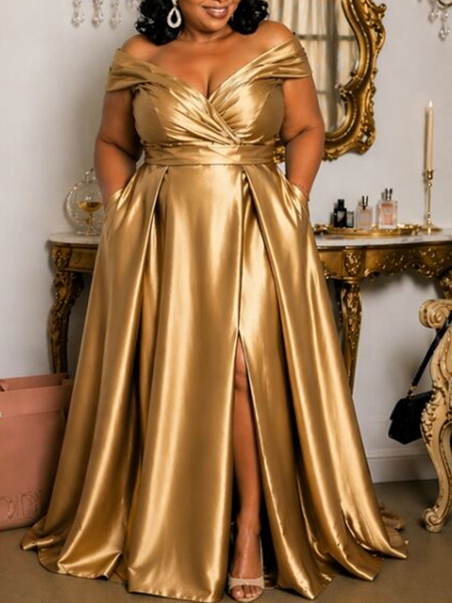 A-Line Off-The-Shoulder Sleeveless Sweep Train Satin Evening Dresses