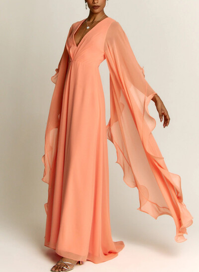 A-Line V-Neck Long Sleeves Sweep Train Chiffon Evening Dresses With Ruffle