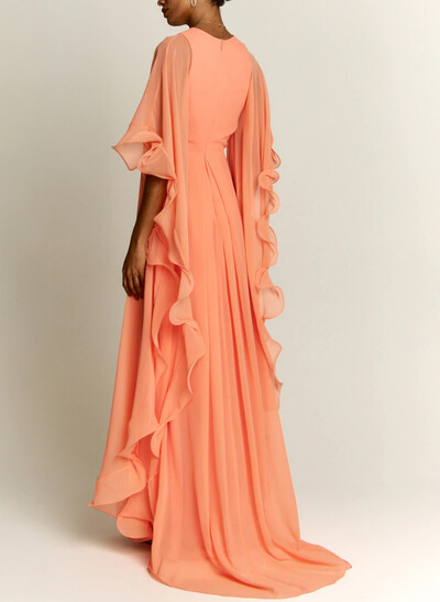 A-Line V-Neck Long Sleeves Sweep Train Chiffon Evening Dresses With Ruffle