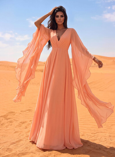 A-Line V-Neck Long Sleeves Sweep Train Chiffon Evening Dresses With Ruffle