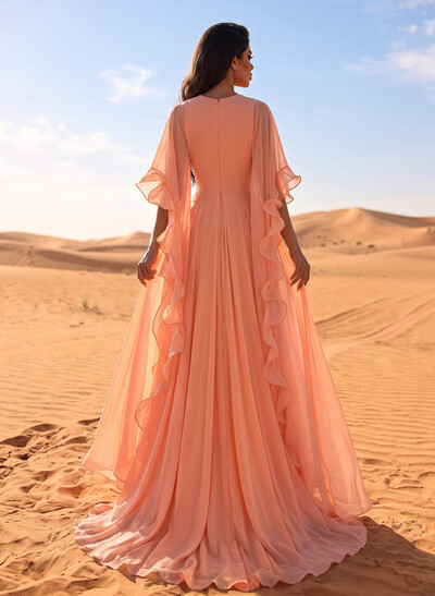 A-Line V-Neck Long Sleeves Sweep Train Chiffon Evening Dresses With Ruffle